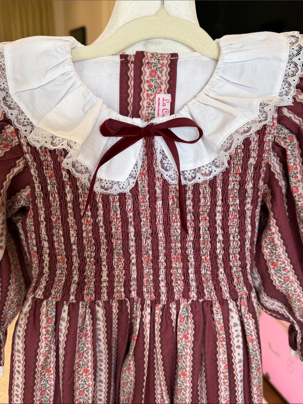 La Coqueta - Girls Burgundy Floral Striped Hand Smocked Dress - Size: 8Y - Picture 2 of 10